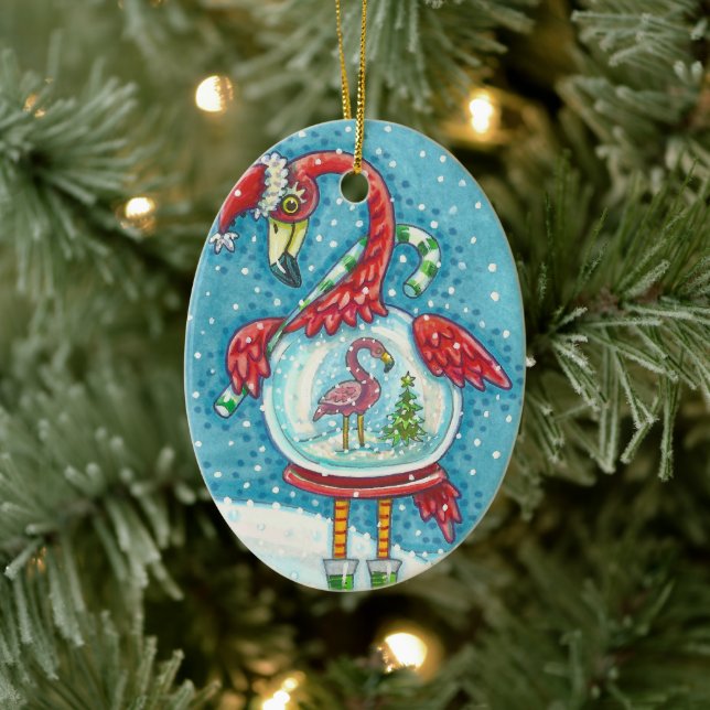 CUTE PINK FLAMINGO SNOWGLOBE, CHRISTMAS BIRD SANTA CERAMIC ORNAMENT (Tree)