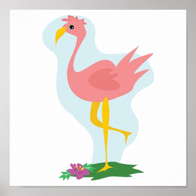 cute pink flamingo standing in the yard poster (Front)