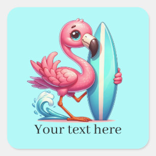Cute pink flamingo surfing square sticker