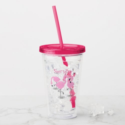 Cute pink flamingo trio cartoon illustration acrylic tumbler