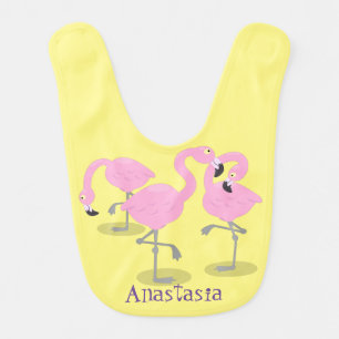 Cute pink flamingo trio cartoon illustration baby bib