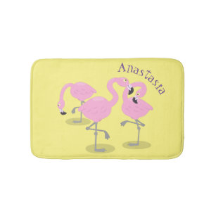 Cute pink flamingo trio cartoon illustration bath mat