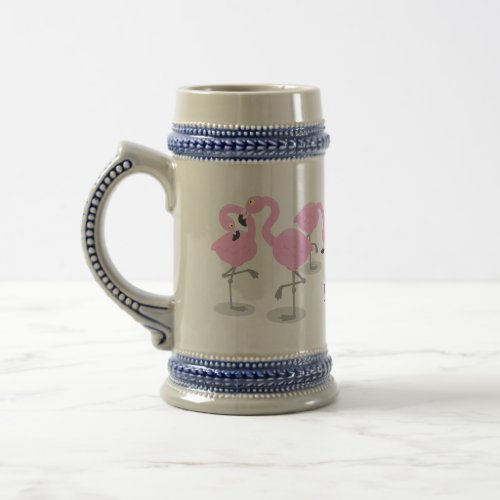 Cute pink flamingo trio cartoon illustration beer stein