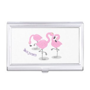 Cute pink flamingo trio cartoon illustration business card case