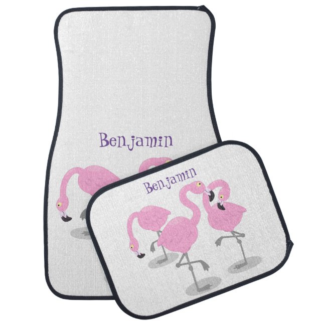 Cute pink flamingo trio cartoon illustration  car floor mat (Set)