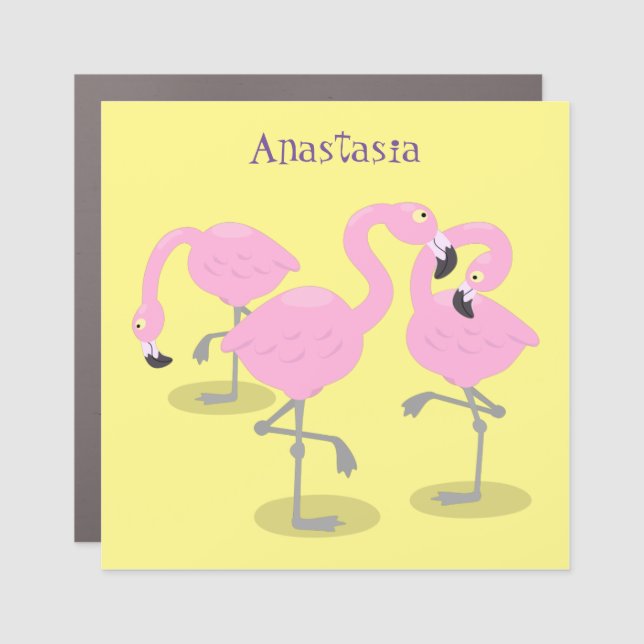 Cute pink flamingo trio cartoon illustration car magnet (Front)
