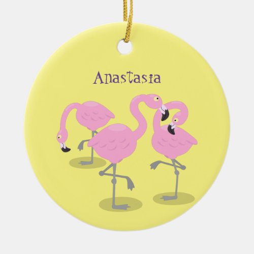 Cute pink flamingo trio cartoon illustration ceramic ornament