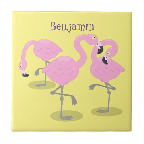 Cute pink flamingo trio cartoon illustration ceramic tile