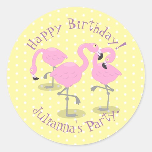 Cute pink flamingo trio cartoon illustration classic round sticker