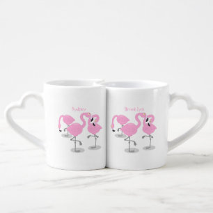 Cute pink flamingo trio cartoon illustration coffee mug set