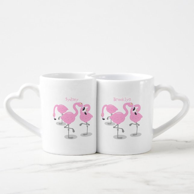Cute pink flamingo trio cartoon illustration coffee mug set (Back Nesting)