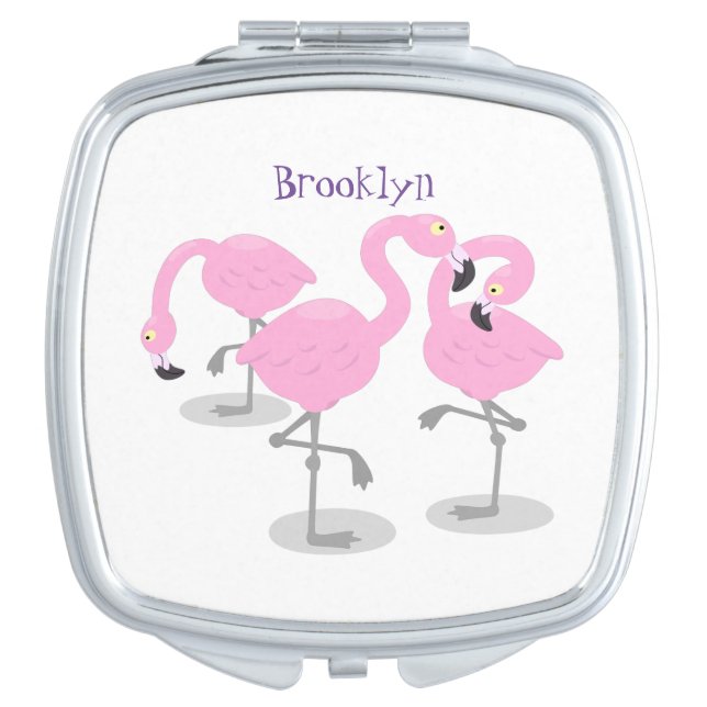 Cute pink flamingo trio cartoon illustration compact mirror (Front)