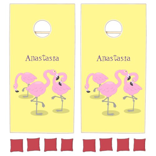 Cute pink flamingo trio cartoon illustration cornhole set