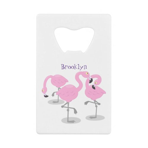 Cute pink flamingo trio cartoon illustration credit card bottle opener