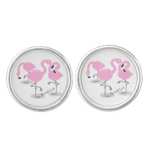 Cute pink flamingo trio cartoon illustration cufflinks