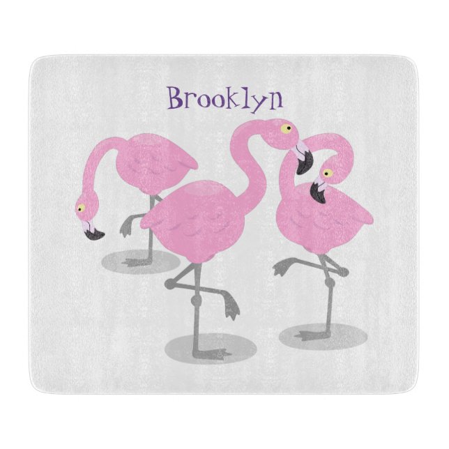 Cute pink flamingo trio cartoon illustration cutting board (Front)
