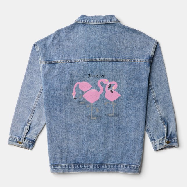 Cute pink flamingo trio cartoon illustration denim jacket (Back)