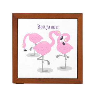 Cute pink flamingo trio cartoon illustration desk organizer