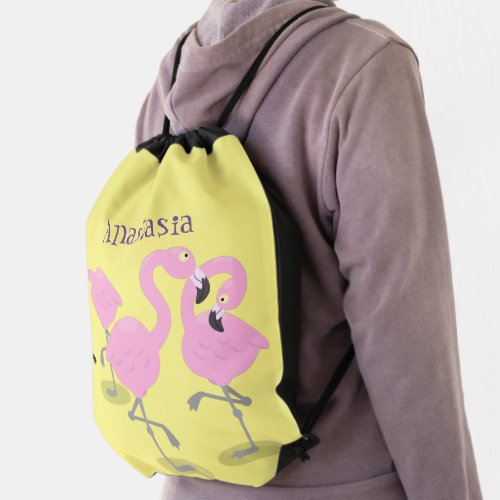 Cute pink flamingo trio cartoon illustration drawstring bag