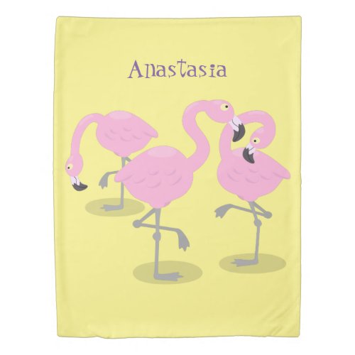 Cute pink flamingo trio cartoon illustration duvet cover