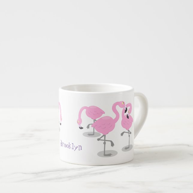 Cute pink flamingo trio cartoon illustration espresso cup (Front Right)
