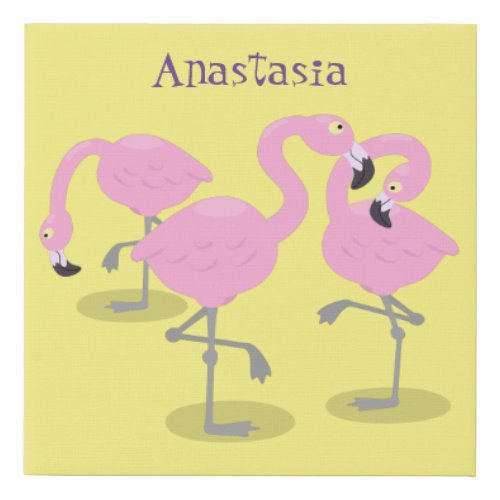 Cute pink flamingo trio cartoon illustration faux canvas print