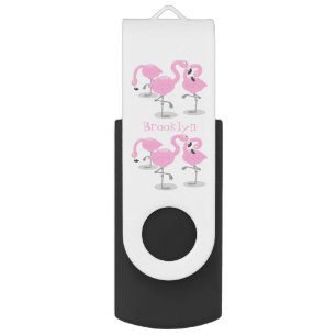 Cute pink flamingo trio cartoon illustration flash drive