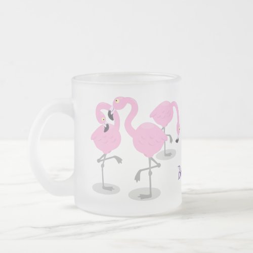 Cute pink flamingo trio cartoon illustration frosted glass coffee mug