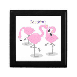 Cute pink flamingo trio cartoon illustration gift box
