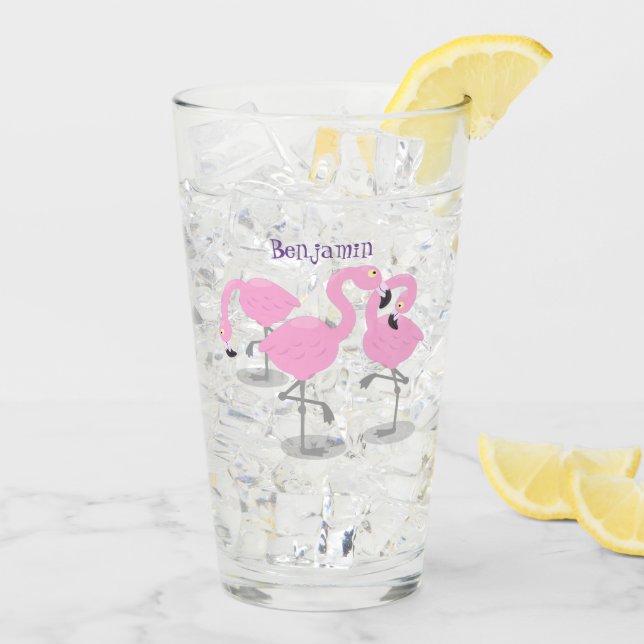 Cute pink flamingo trio cartoon illustration glass (Back Ice)