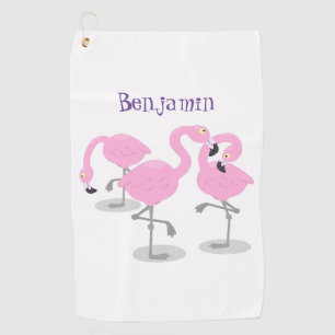 Cute pink flamingo trio cartoon illustration golf towel