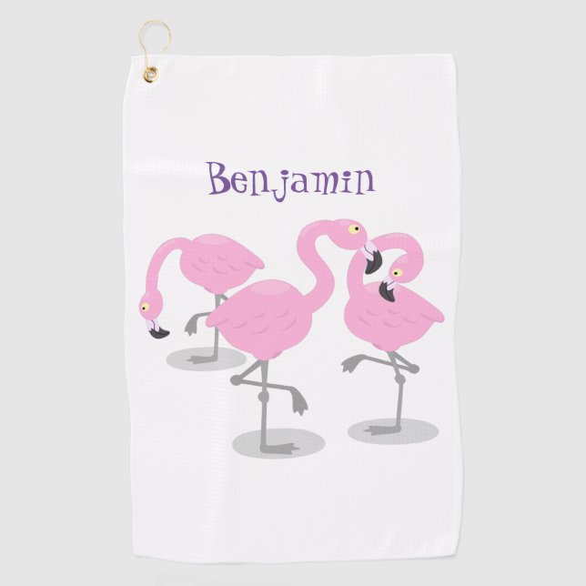 Cute pink flamingo trio cartoon illustration golf towel (Front)