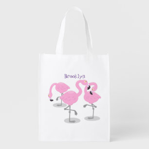 Cute pink flamingo trio cartoon illustration grocery bag