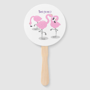 Cute pink flamingo trio cartoon illustration hand fan