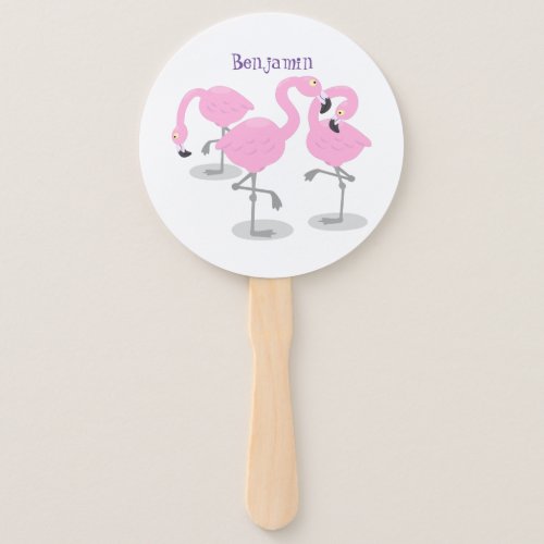 Cute pink flamingo trio cartoon illustration hand fan