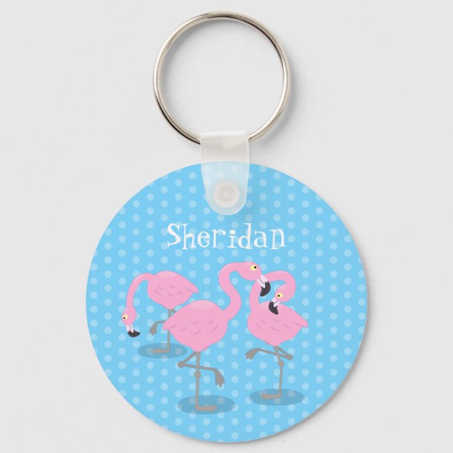 Cute pink flamingo trio cartoon illustration keychain (Front)