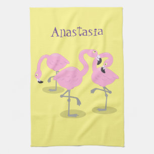 Cute pink flamingo trio cartoon illustration kitchen towel
