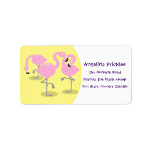 Cute pink flamingo trio cartoon illustration label