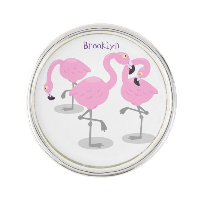 Cute pink flamingo trio cartoon illustration lapel pin (Front)