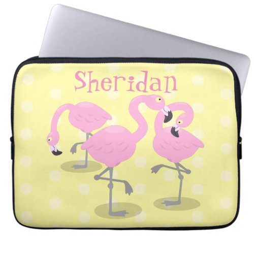Cute pink flamingo trio cartoon illustration laptop sleeve