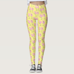 Cute pink flamingo trio cartoon illustration leggings