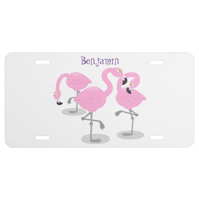 Cute pink flamingo trio cartoon illustration license plate (Front)