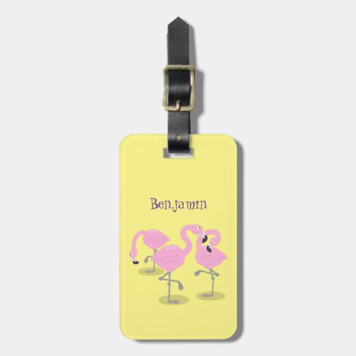 Cute pink flamingo trio cartoon illustration luggage tag