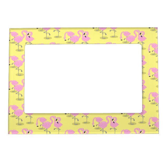 Cute pink flamingo trio cartoon illustration magnetic frame (Front)