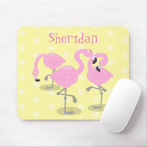 Cute pink flamingo trio cartoon illustration mouse pad