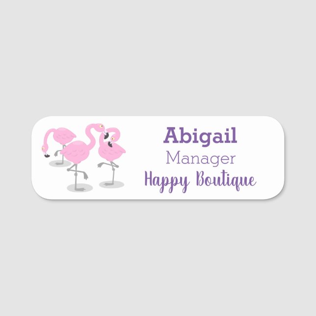 Cute pink flamingo trio cartoon illustration name tag (Front)
