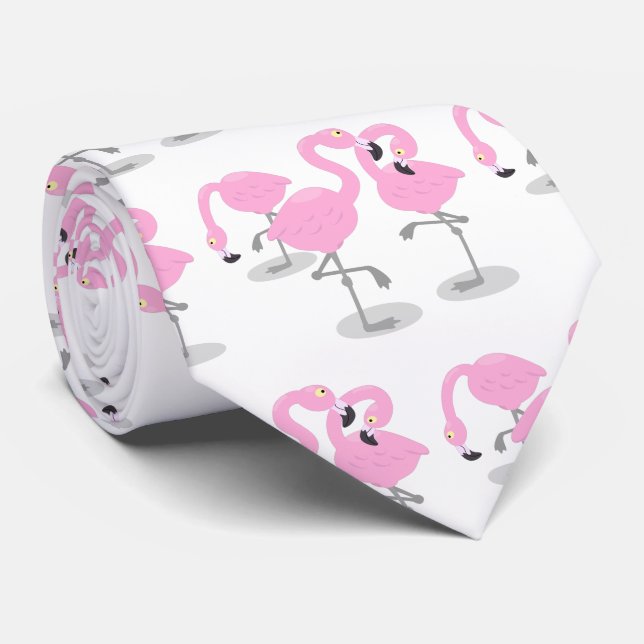 Cute pink flamingo trio cartoon illustration neck tie (Rolled)