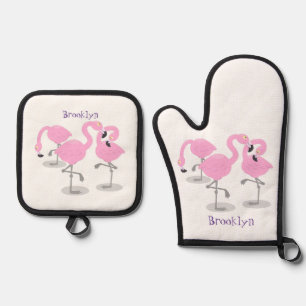 Cute pink flamingo trio cartoon illustration oven mitt & pot holder set