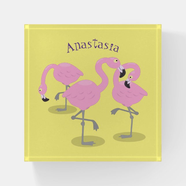 Cute pink flamingo trio cartoon illustration paperweight (Front)