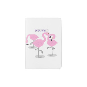 Cute pink flamingo trio cartoon illustration passport holder